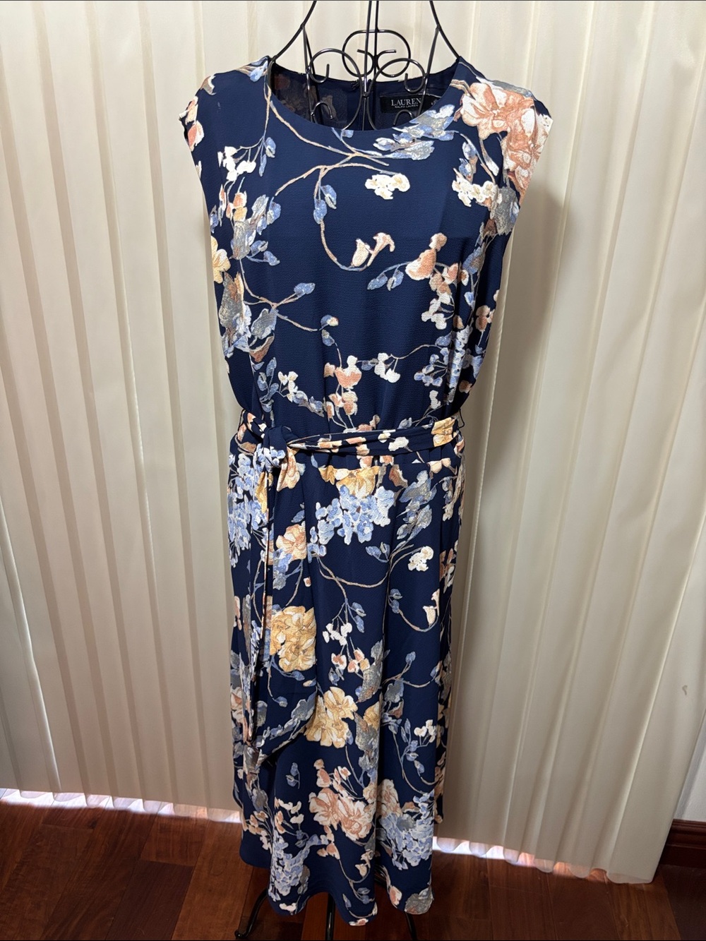 Lauren Ralph Lauren Navy Floral Cap-Sleeve Belted Midi Dress